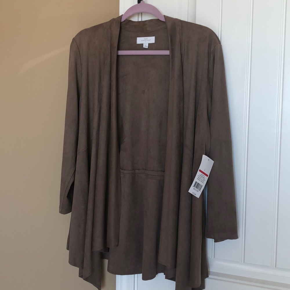 New Directions 3/4 sleeve suede drape front jacket, double stitched seems